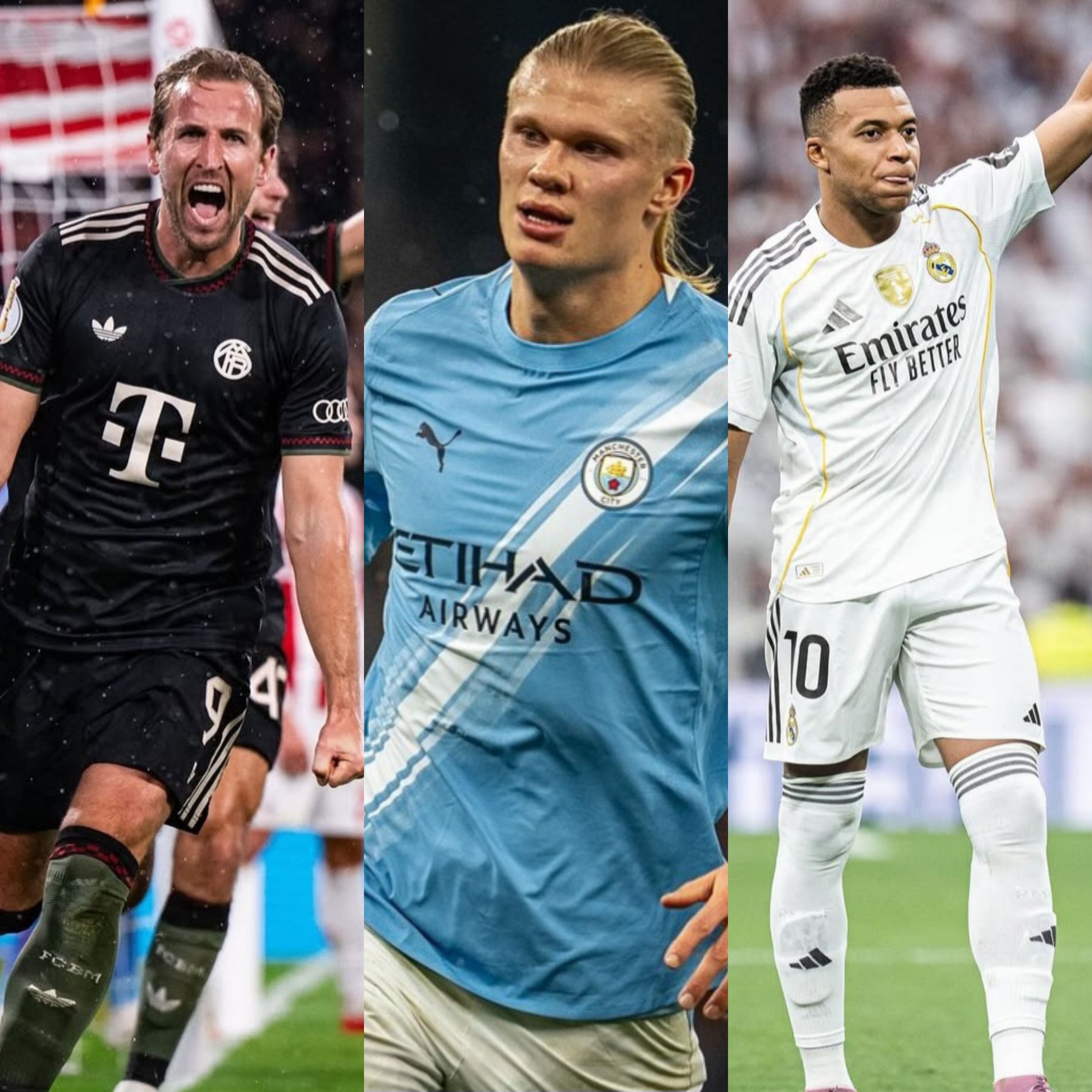 Kane, Haaland, and Mbappé celebrating goals, representing the narrative of "decisive scorers"